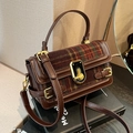 Bolso de mano retro cuadrado en cuero marrón y tweed de cuadros con hebilla dorada - Burdeos
