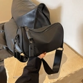 Minimalist black Oxford half-moon crossbody bag with wide nylon strap for women - Toothpick Pattern Black