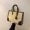 Bolso tote retro crema y marrón con relieve de cocodrilo y toques dorados - Beige y Café