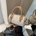 Beige Boston bag in vintage faux leather with contrast handles and plush pendant - White with Khaki with Pendant