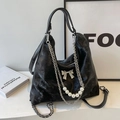 Große schwarze Samt-Hobo-Tasche mit silberner Schleife und Perlen für Damen - Schwarz ohne Anhänger