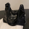 Große schwarze Samt-Einkaufstasche mit silberner Spiegelschleifen-Deko für Damen - Schwarz Ohne Kette Und Anhänger
