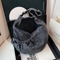 Fashionable grey washed denim hobo bag with large capacity and adjustable strap - Black