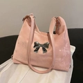 Rosa matte Leder-Einkaufstasche mit silberner Metallschleife und Doppelriemen im Vintage-Stil - Rosa Ohne Kette Und Anhänger