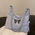 Hellblaue Einkaufstasche aus Segeltuch mit Marmortextur und silberner Metallschleife - Blau Ohne Kette Und Anhänger