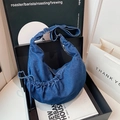 Dark blue denim crescent hobo bag with drawstring detail and adjustable strap - Dark Blue