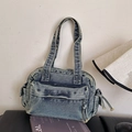 Borsa a spalla vintage in denim blu lavato con tasche multiple e chiusura a zip - Blu scuro
