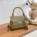 Olive green leather crossbody bag with herringbone texture and heart charm detail - Green with Pendant