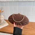 Dark brown pleated velvet oval evening clutch bag with gold geometric metal clasp - Pleated Design Style / Brown