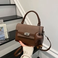 Brown leather crossbody bag with herringbone fabric flap and tassel heart charm - Coffee with Pendant