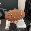 Elegant brown faux suede pleated evening clutch with crystal clasp and gold chain strap - Brown