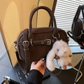 Vintage coffee brown crossbody square bag with cute white plush rabbit keychain charm - Coffee with Pendant