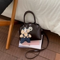 French vintage style dark brown glossy leather handbag with cute teddy bear charm - Coffee with Pendant