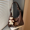 Dark brown retro hobo bag in matte leather with knotted strap and plush bear charm - With Charm Style / Brown (With Bear Charm)