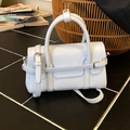 Elegant light blue leather mini handbag with vintage silver buckle and adjustable strap - Blue