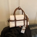 Retro cream and brown contrast faux leather handbag with adjustable long strap - Off White