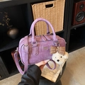 Purple suede Boston bag with dual handles, crossbody strap, and cute bear pendant - With Charm / Purple