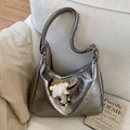 Silver wrinkled metallic hobo bag with plush doll charm and adjustable shoulder strap - Titanium Gold