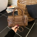 Elegant dark brown handbag in vintage faux leather with white contrast stitching and straps - Brown