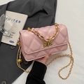Pink quilted chain crossbody bag with golden twist lock and leather woven strap - Pink