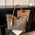 Deep brown tote bag with embossed cartoon patterns and beaded tassel accessory - Coffee (With Charm)
