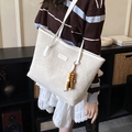 Off-white large tote bag with embossed pattern and wooden bead charm accessory - Rice White (With Charm)