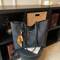 Black large tote bag with embossed dog and heart patterns and wooden bead charm - Black (With Pendant)
