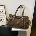 Sac cabas vintage en faux daim marron avec boucles métalliques et poches multiples - Marron