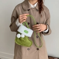 Christmas stocking shaped green mini crossbody bag with white plush trim and fuzzy pom-poms - Green
