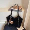 Large black faux suede tote bag with slim straps and cute bear charm for women - With Charm / Black