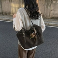 Dark brown faux suede tote bag with cute bear charm and adjustable strap for casual daily use - With Charm / Brown