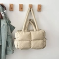 Quilted puffer tote bag in beige with soft texture and dual shoulder straps - Khaki
