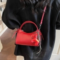 Minimalist red leather handbag with horse charm and woven strap for women - Wine Red With Pendant