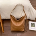 Minimalist brown large PU leather shoulder bag for women with vintage drawstring detail - Brown
