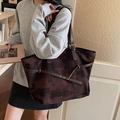 Retro large-capacity tote bag with brown mosaic geometric pattern and leather straps - Brown