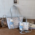 Light blue quilted tote bag set with cute cartoon bear prints and teddy bear charm - With Charm / Large / Blue