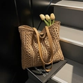 Borsa tote in paglia intrecciata marrone chiaro con manici in pelle e cerniera lampo - Cachi