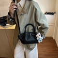 Fashionable black bucket bag with cute bear charm and adjustable shoulder strap for women - Black