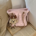 Pink quilted bucket bag featuring a cute teddy bear plush charm and golden chain strap - Pink with Pendant