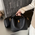 Sac seau rétro en cuir noir grainé avec fermoir rotatif doré pour femmes élégantes - Noir
