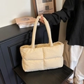 Quilted puffer tote bag in cream beige with large square padding and soft padded handles - Khaki