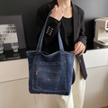 Borsa tote alla moda in denim blu scuro con tasche multiple e cuciture rifinite - Blu scuro