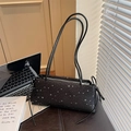 Minimalist black baguette shoulder bag with silver star pattern and slim leather straps - Black