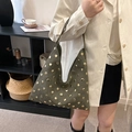 Vintage dark green suede tote bag with golden studs decoration and shoulder strap - Green