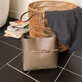 Minimalist taupe lychee leather bucket bag with silver metal buckle and shoulder strap - Gray