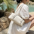 White faux leather shoulder bag with metallic buckle details for chic summer outfits - Off-white