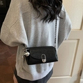 Classic black crossbody bag with silver clasp and chain strap shown from a back view - Black with Pendant