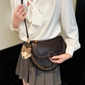Retro dark brown chain baguette bag with plush bear charm and faux leather finish - Ebony Coffee