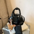 Glossy black bowling bag with silver studs and a cute brown teddy bear pendant charm - With Charm / Black