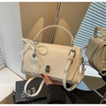 Retro cream white square shoulder bag with pearl bow and lace ribbon detail - With Pendant / Off White
